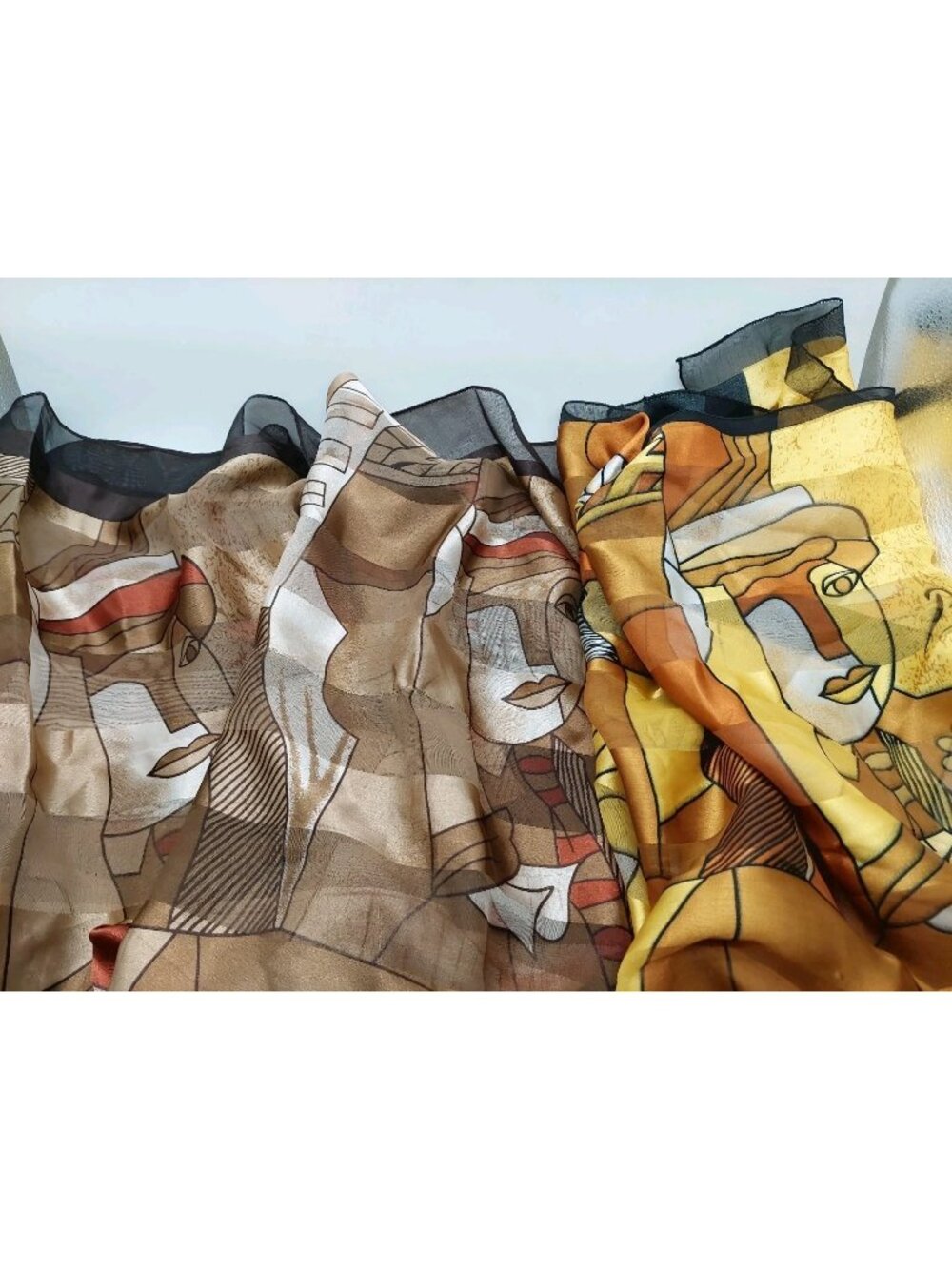 Scarf Picasso Black Yellow Brown Cubist Print 33” Square Set Of 3 READ